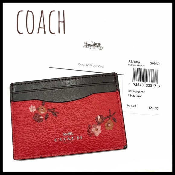 COACH card holder Red canvas brown leather - Picture 2 of 4